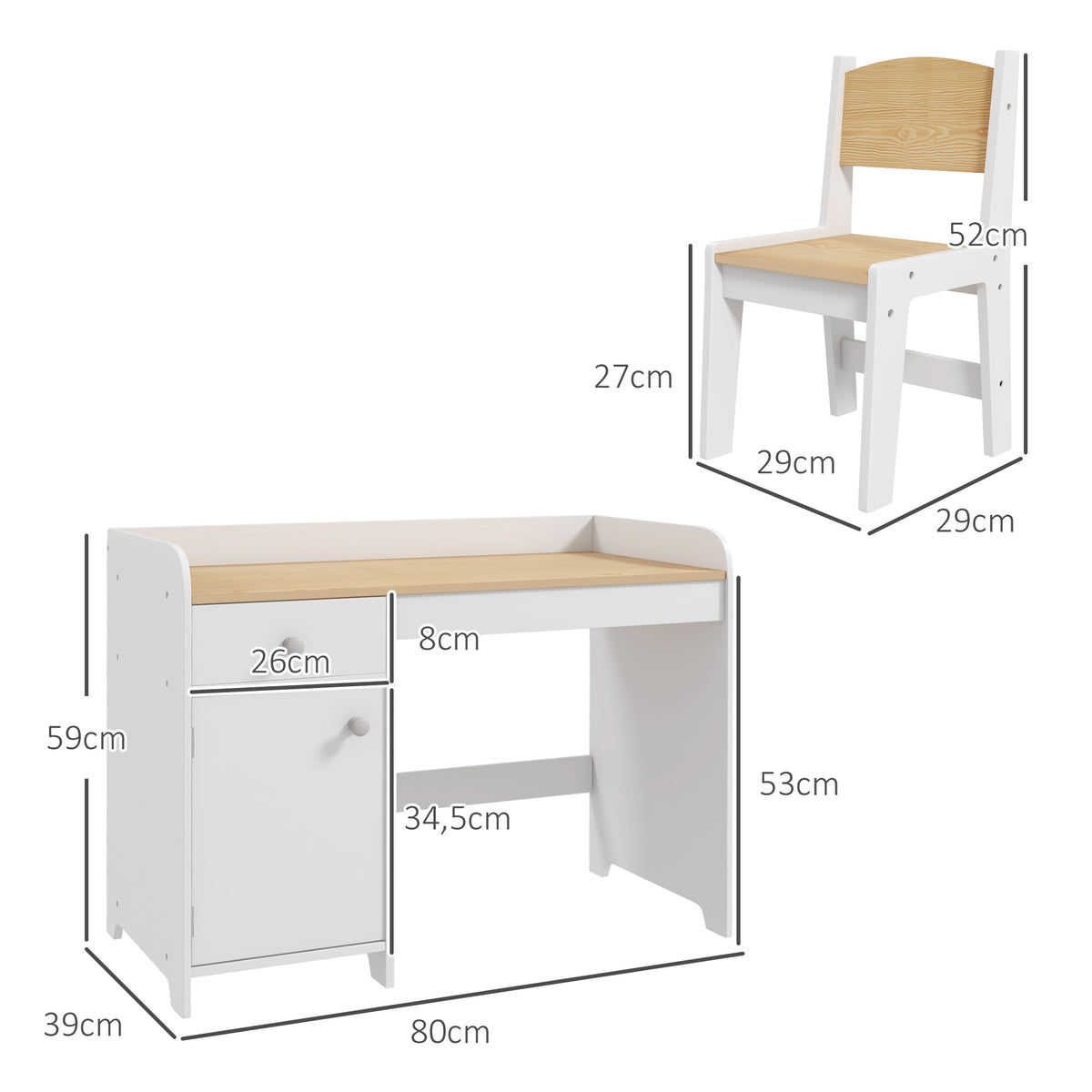Bureau enfant avec chaise, table enfant avec tiroir, placard et large plateau, pour 3 à 6 ans, 80 x 39 x 59 cm, blanc-2