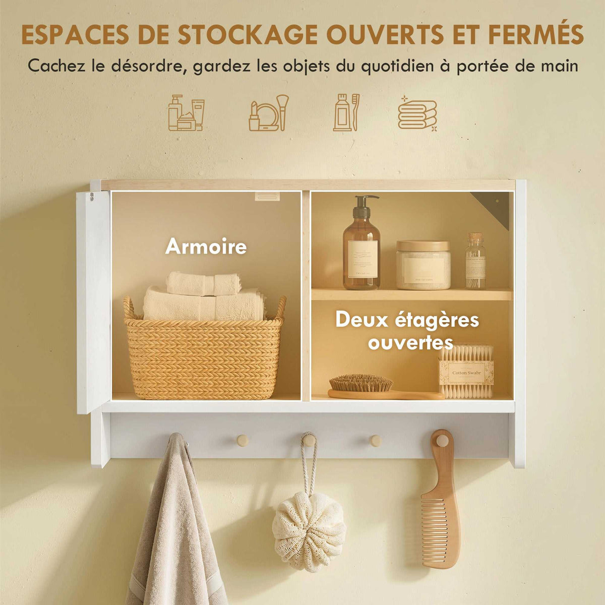 Armoire murale de salle de bain, meuble de rangement de salle de bains avec porte, étagères ouvertes et 5 crochets-3