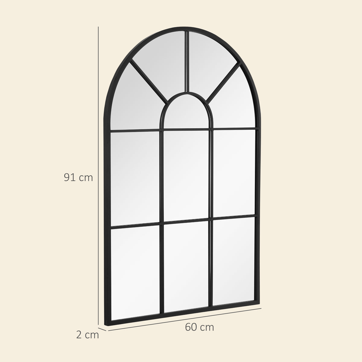 Miroir mural arqué 91x60cm, verrière arche industriel, fenêtre cadre métallique, salon, chambre, couloir, noir-2