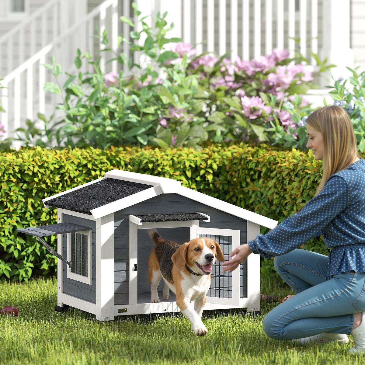 Niche pour Chien Extérieur Abri Jardin Surélevé Plancher Amovible Auvent de Porte et Toit Imperméable 98x76x69,5cm Gris-9