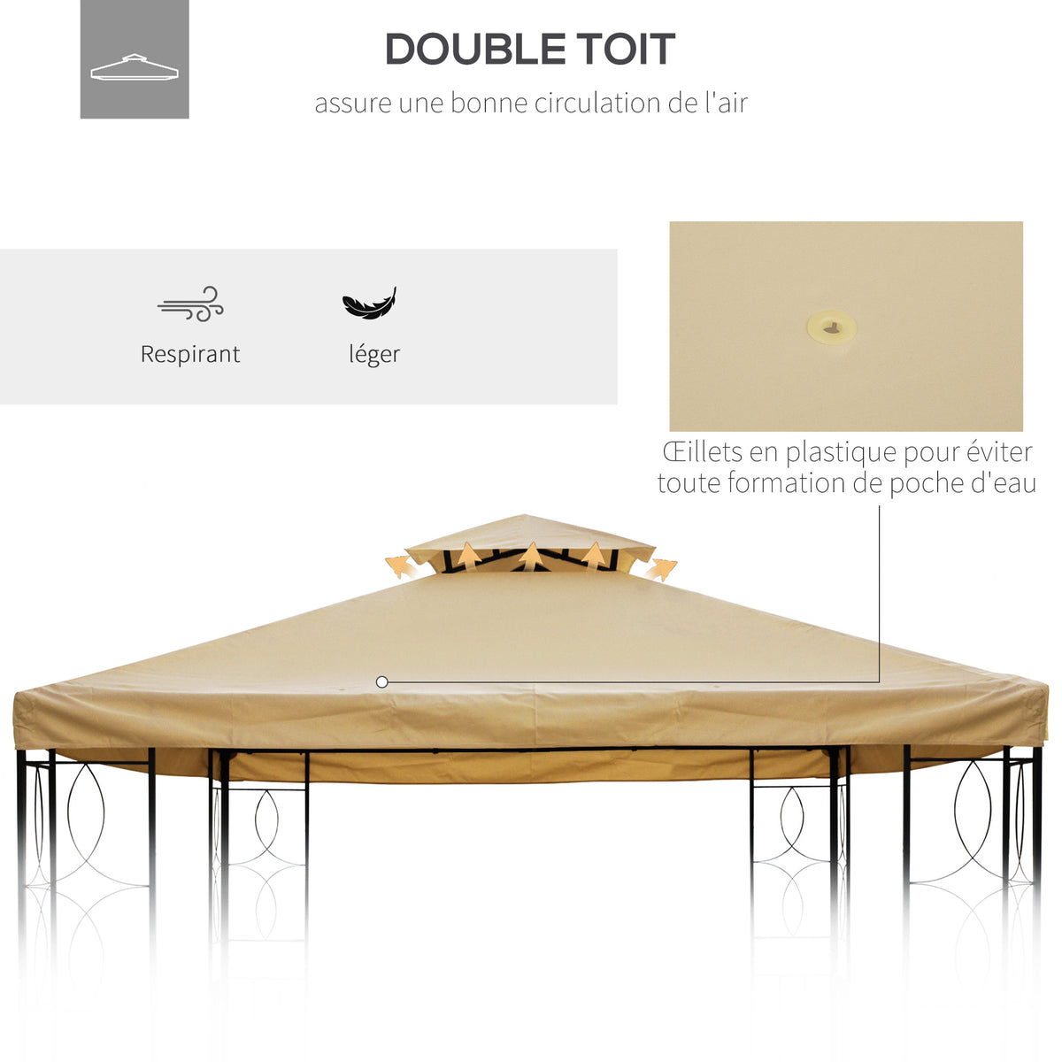 Toile de rechange pour pavillon tonnelle tente 3 x 4 m polyester haute densité 180 g/m² beige-4