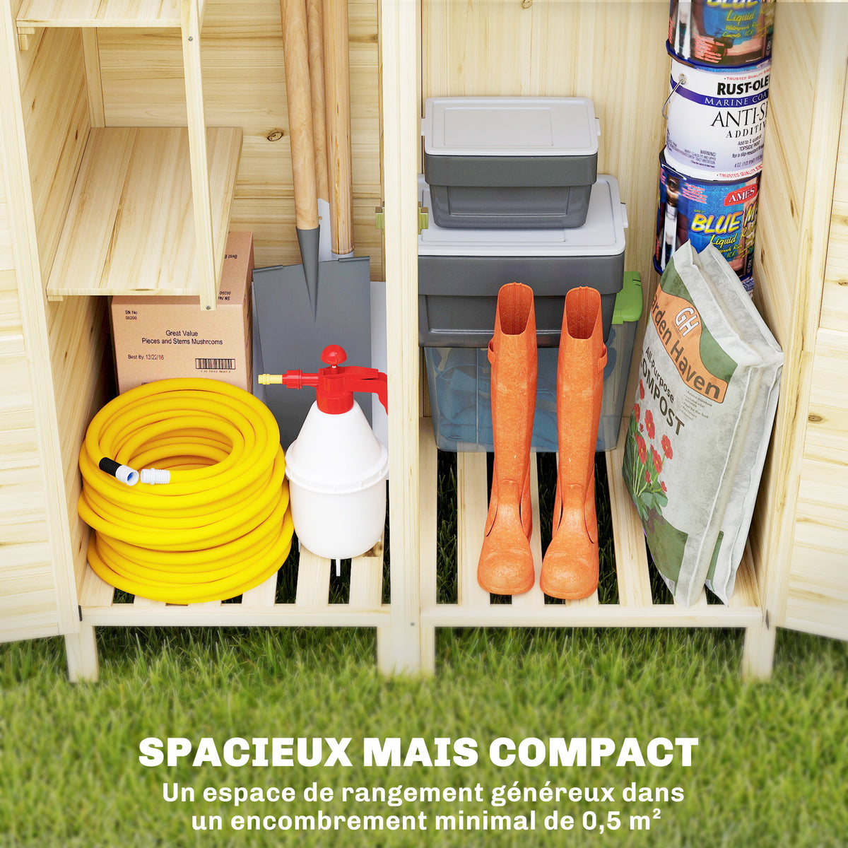 Armoire de Jardin en Bois Abri de Jardin Toit en Asphalte Double Zone et Étagères Amovibles 106x57x167cm Naturel-4