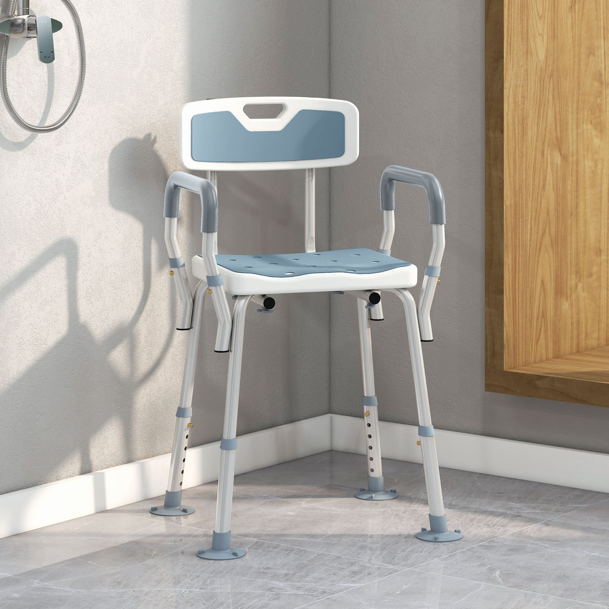 Tabouret de douche chaise de douche ergonomique hauteur réglable pieds antidérapants 56,5 x 53,5 x 87 cm blanc et bleu-1