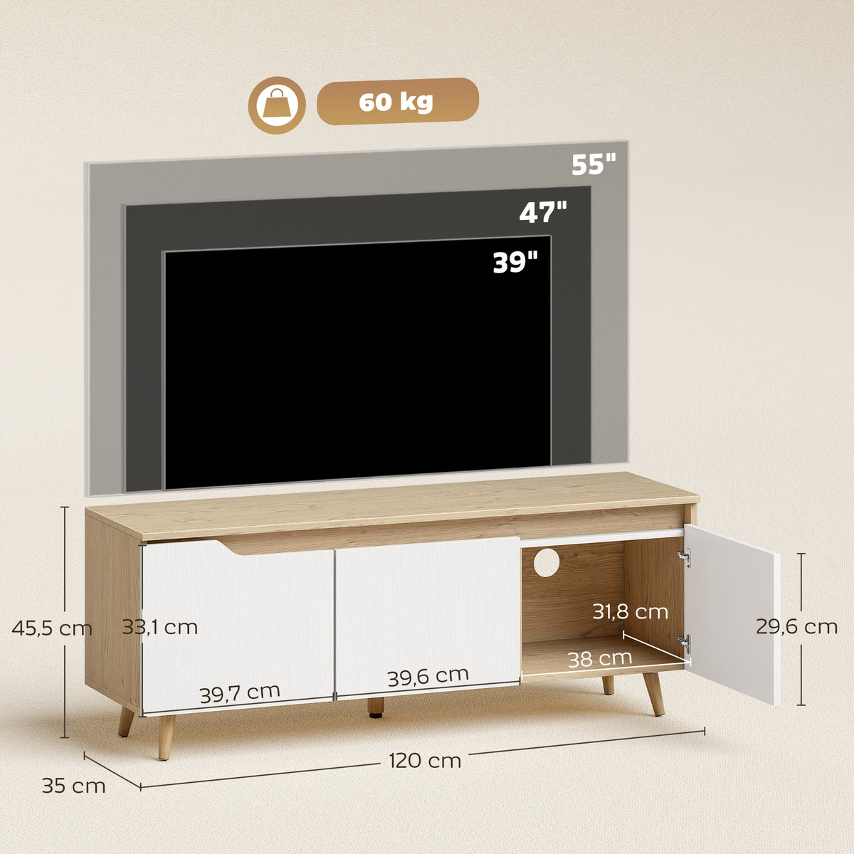 Meuble TV 120 cm, meuble télé pour téléviseur jusqu'à 55 pouces avec 3 portes, étagère réglable, chêne et blanc-2