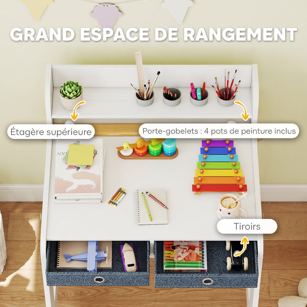 Bureau enfant avec chaise, table enfant et chaise avec 2 tiroirs en tissu et porte-gobelet, 62,8x55,6x73,8cm, blanc-4