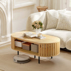 Table basse ovale, table de salon avec rangement, coins arrondis, design lattes, 100 x 50 x 40 cm, effet bois naturel-1