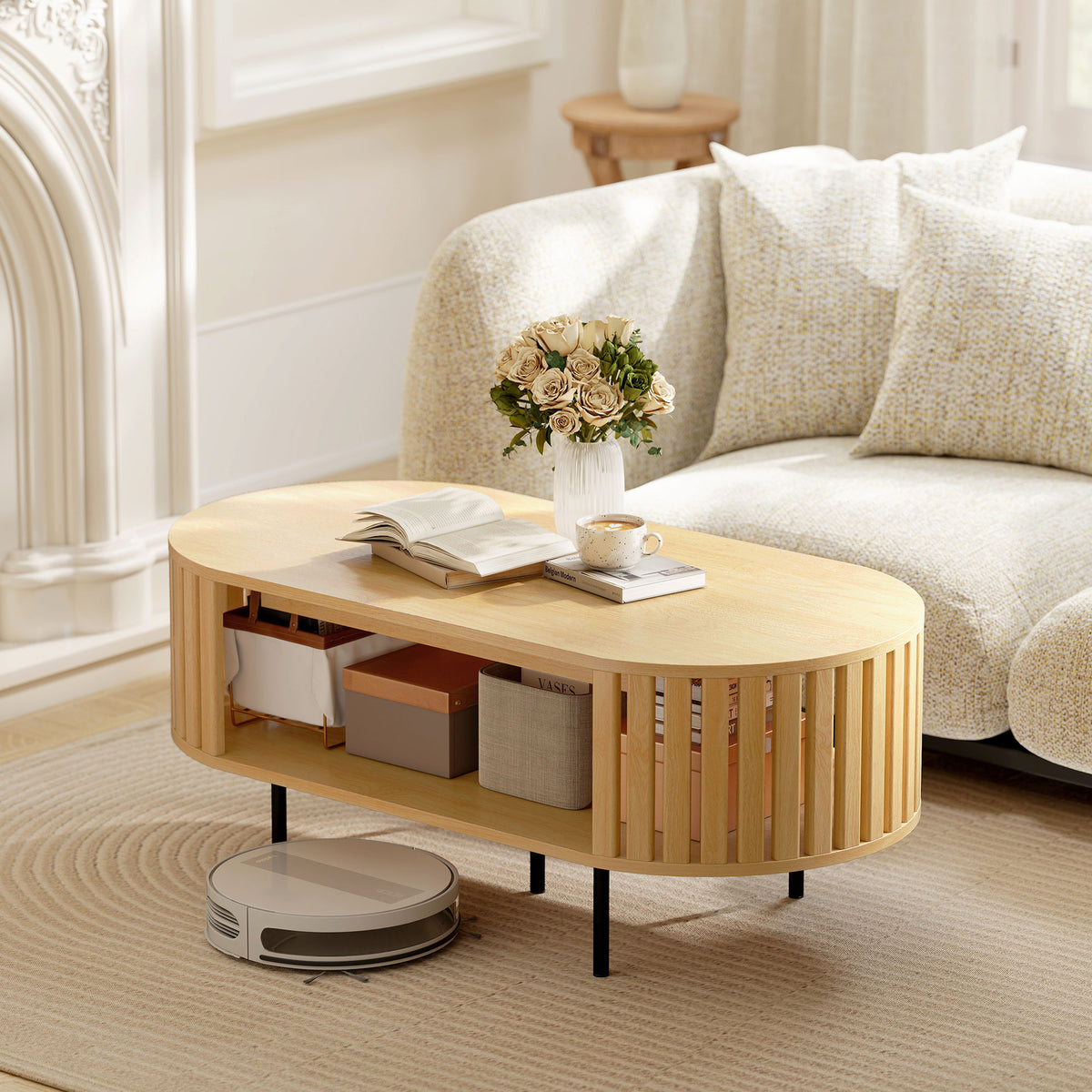 Table basse ovale, table de salon avec rangement, coins arrondis, design lattes, 100 x 50 x 40 cm, effet bois naturel-1