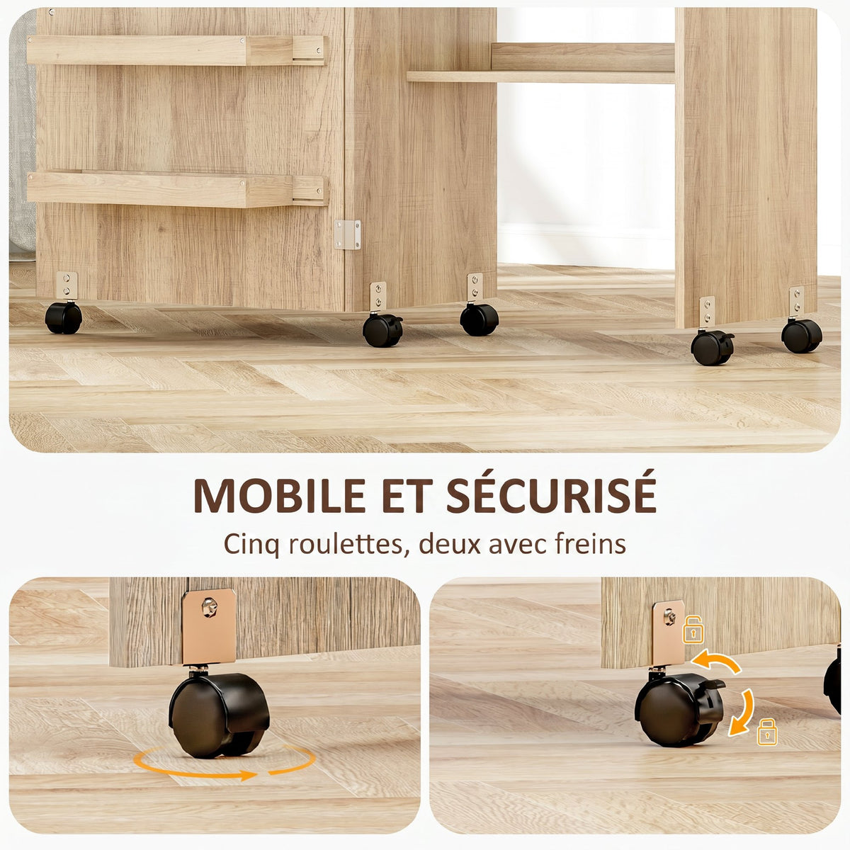 Table de couture pliante meuble couture à abattant avec bacs de rangement, étagère ouverte et roulettes, bois naturel-6