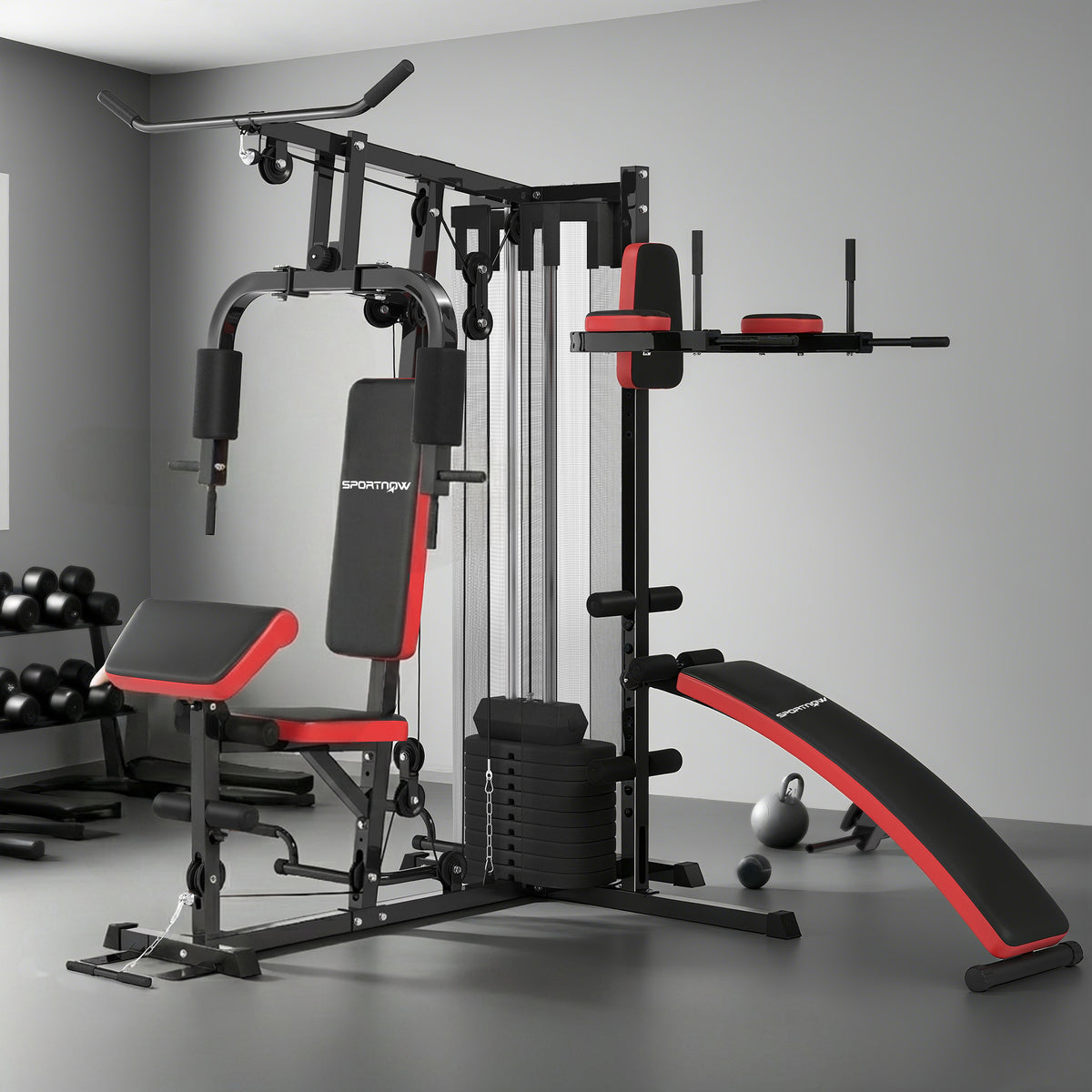 Station Multi Gym avec Poids de 65 kg, Équipement de Musculation avec Banc pour Abdominaux, Noir et Rouge-1