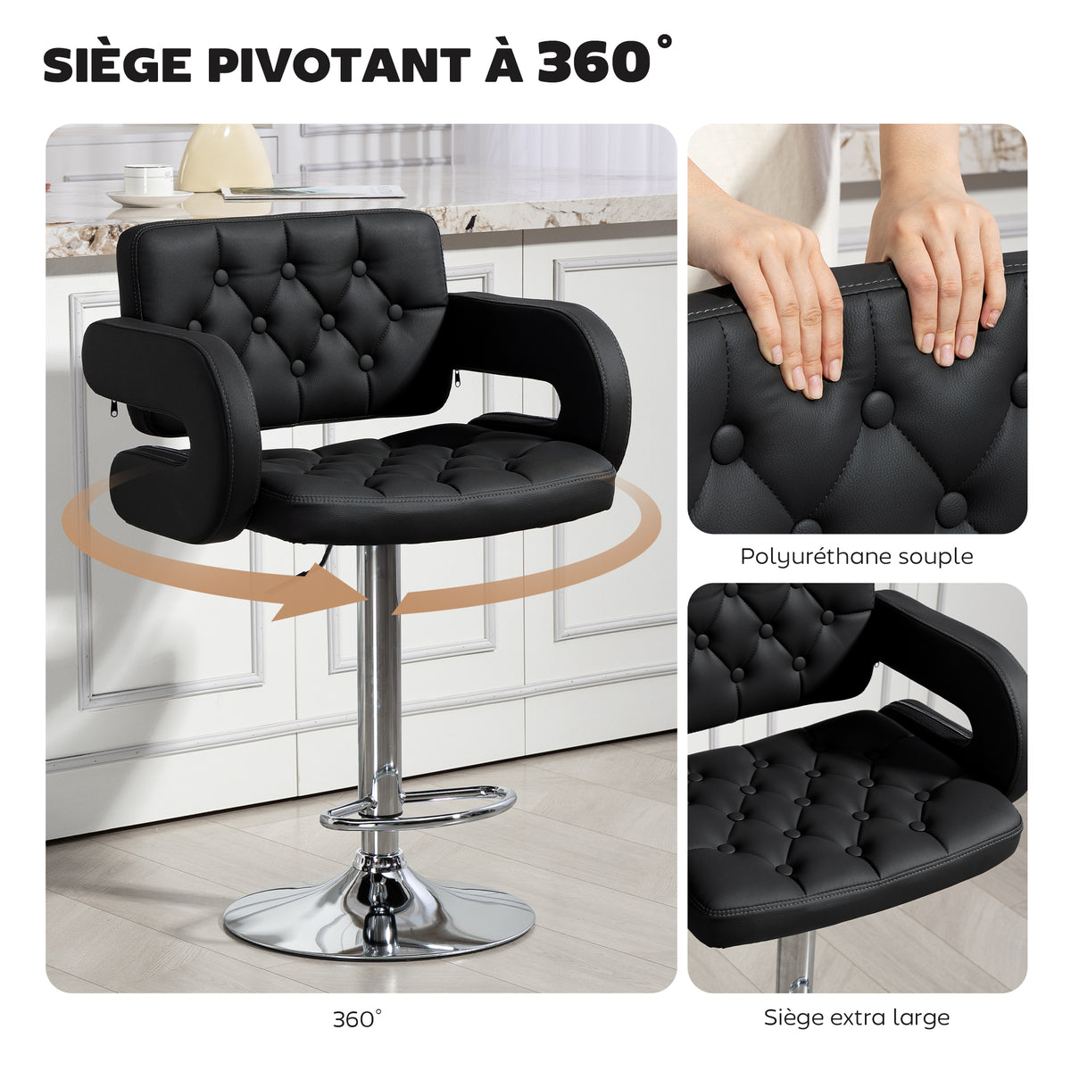 Tabouret de bar pivotant chaise de bar réglable en hauteur avec dossier repose-pieds et accoudoirs 61x50x93-113cm noir-4