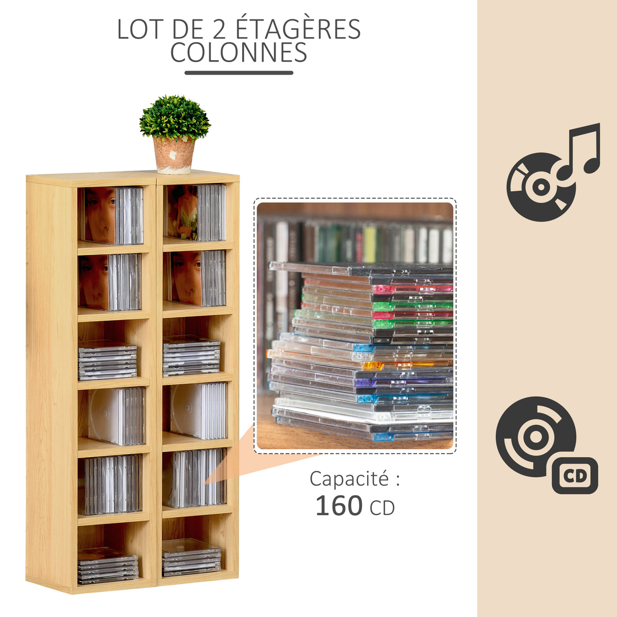 Lot de 2 étagères colonnes Armoire de Rangement CD-DVD 6 + 6 Compartiments dim. 21L x 19l x 88H cm capacité Max. 160 CD Naturel-3
