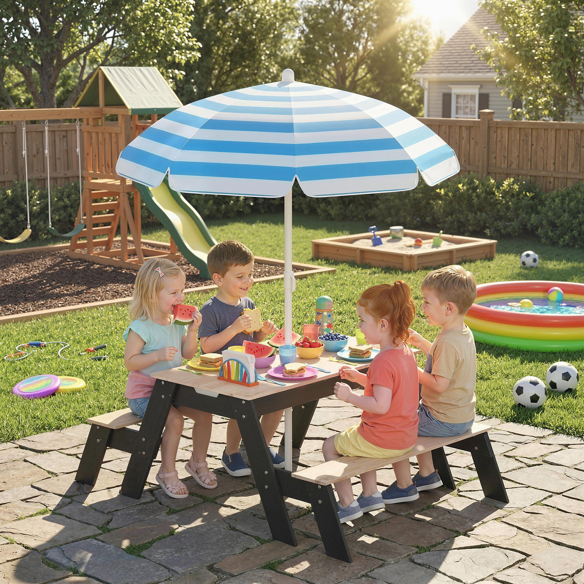 Table de pique-nique enfants avec parasol, 3 en 1 salon de jardin en bois pour enfants 3-6 ans avec 2 boîtes, naturel-9