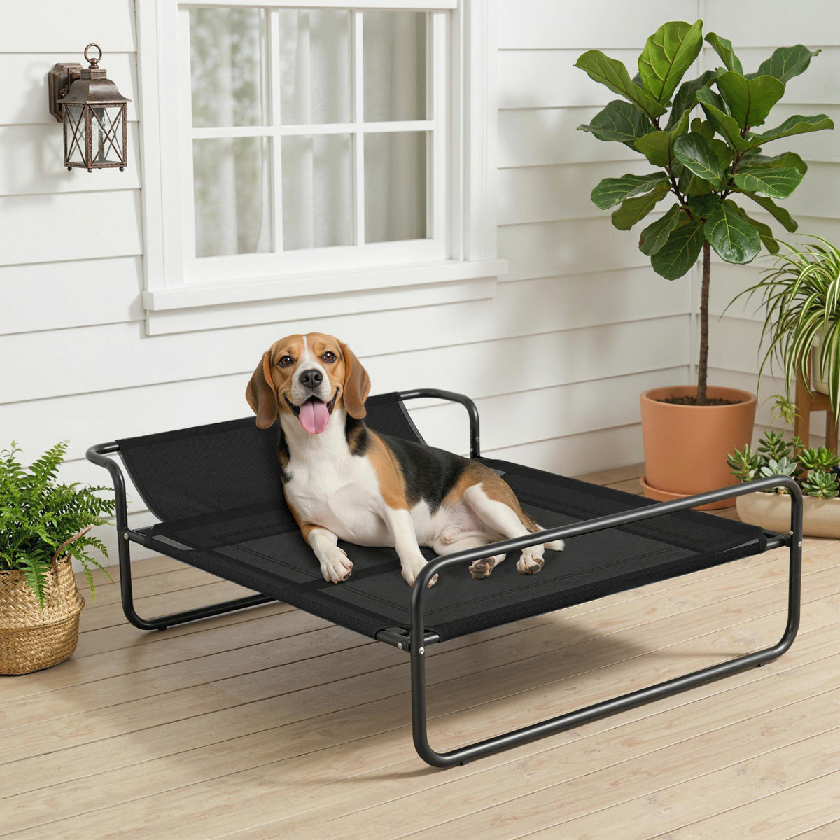 Lit surélevé pour chiens animaux de compagnie avec appui-tête tissu micro-perforé 106 x 81 x 33 cm noir-1