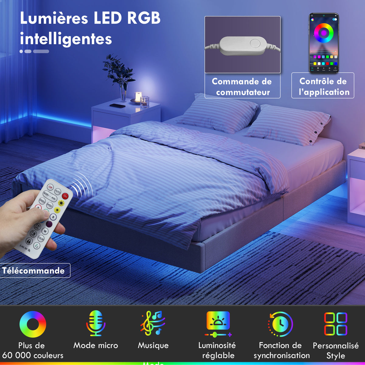 Cadre de lit flottant 140 x 190 cm avec éclairage LED, lit double rembourré en lin, sommier à lattes en bois, beige-4