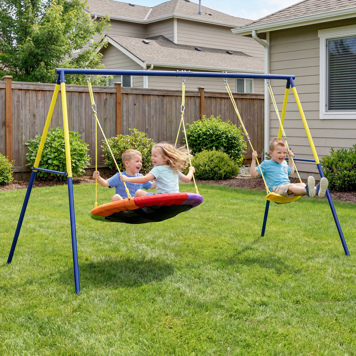 Balançoire portique pour enfant avec double balancelles, cordes réglables, cadre en acier, pour 3-8 ans, multicolore-1