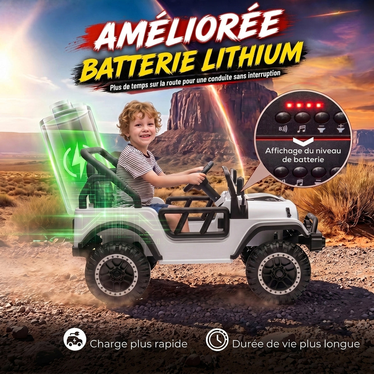 Voiture Électrique Enfants 12V, Buggy Électrique Enfants, 2 Moteurs, Télécommande 2,4G, Batterie Lithium, Blanc-4