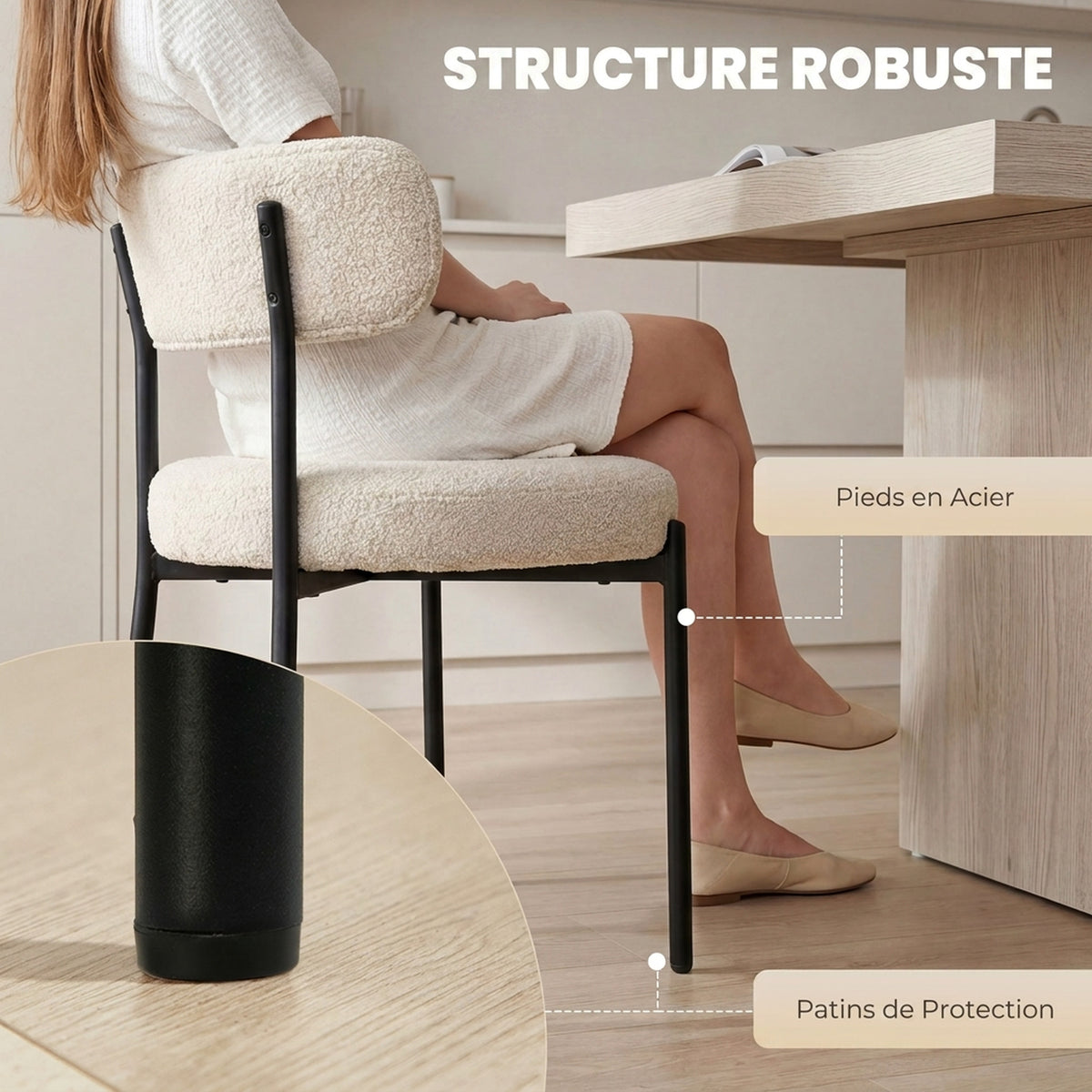 Lot de 4 Chaises Salle à Manger Chaises de Cuisine Rembourrées en Tissu Bouclette Dossier Incurvé Pieds en Acier Beige-5