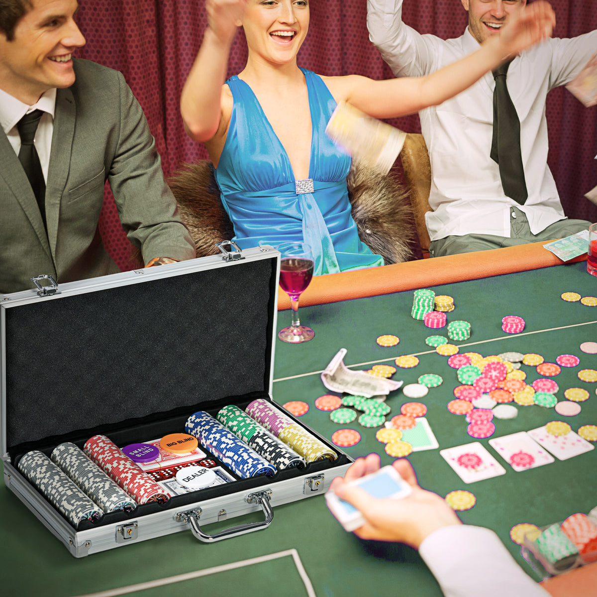 Mallette de Poker Coffret de Poker Complet, verrouillable, avec 300 jetons 2 Jeux de Cartes 3 boutons 1 Tapis en Feutre-1