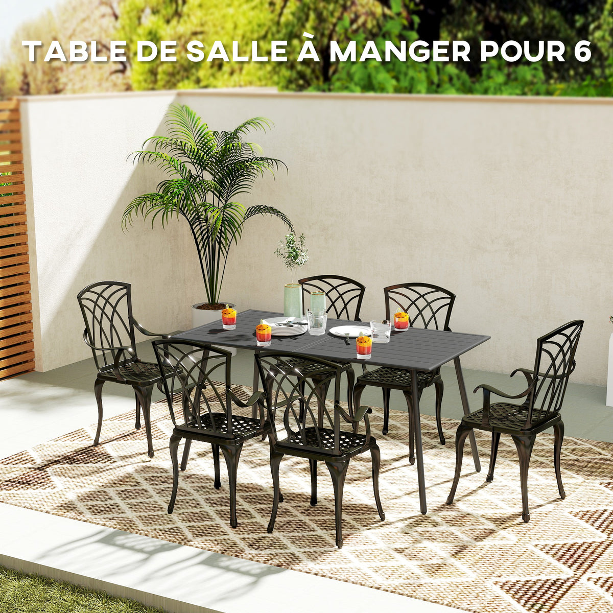 Table à manger de jardin pour 6 personnes avec plateau à lattes pour jardin, patio, terrasse, 150 x 80 x 74 cm, gris-3