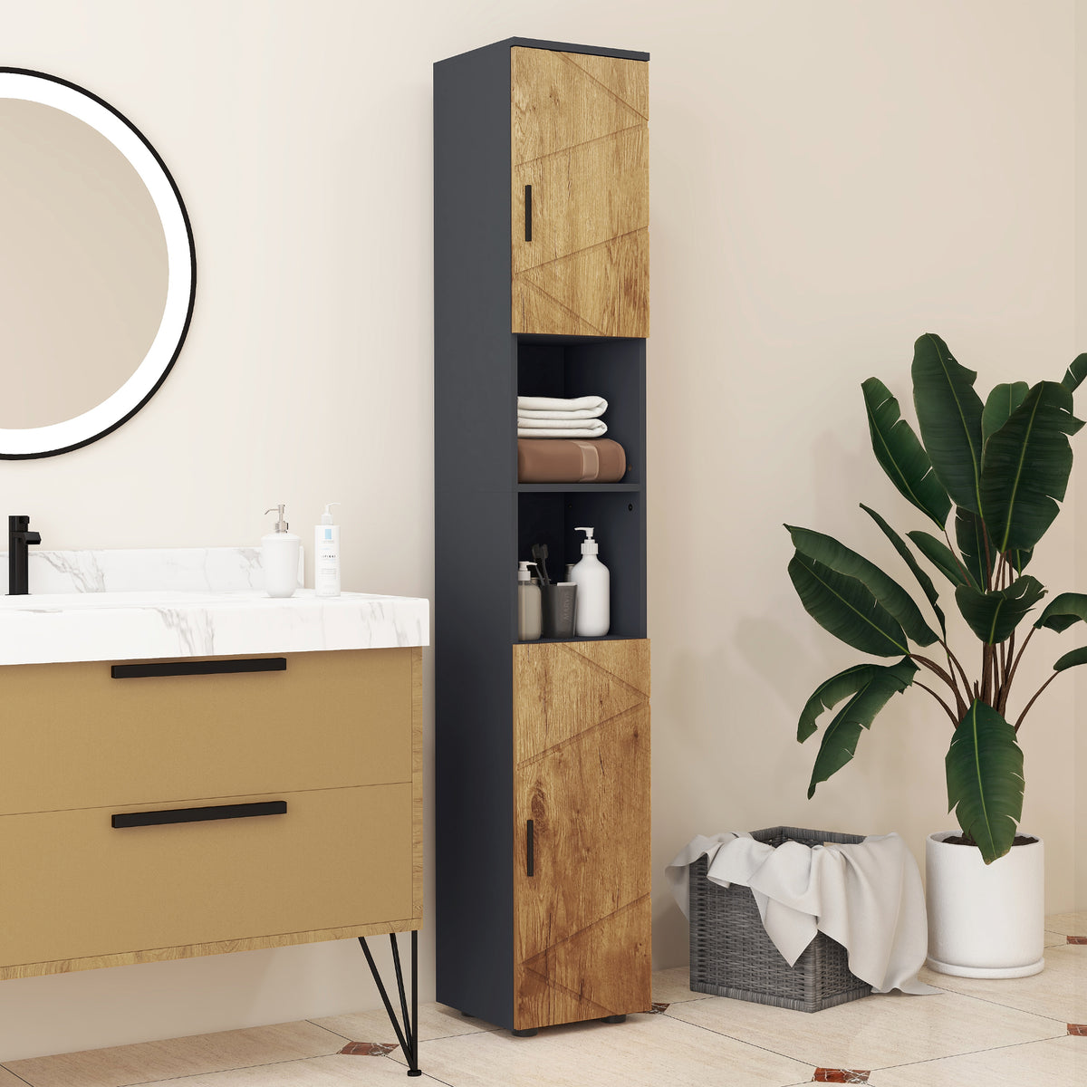 Meuble colonne armoire rangement salle de bain 2 portes étagère réglable 2 niches 30 x 30 x 183 cm chêne gris foncé-6