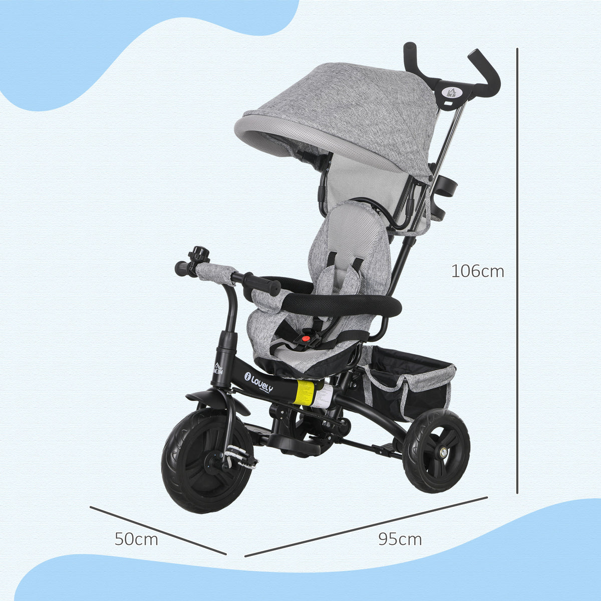 Tricycle Enfant évolutif Pare-Soleil Pliable Canne télescopique Amovible 95 x 50 x 106 cm Acier Gris Noir-2