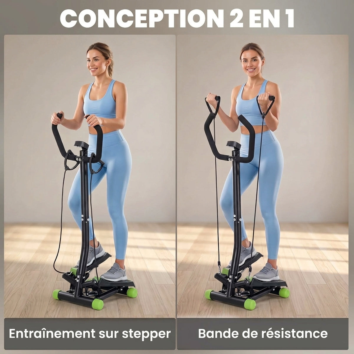Stepper avec guidon, stepper de fitness avec écran LCD, pédales antidérapantes, marche d'escalier pour maison, bureau, salon, salle de sport, vert et noir-3
