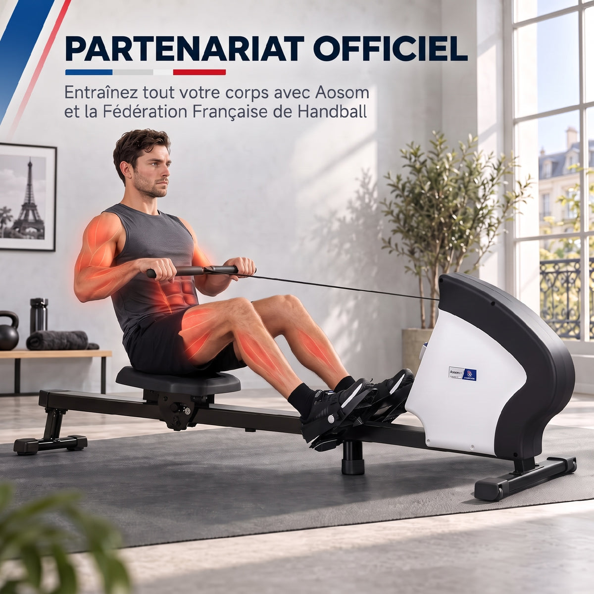 Rameur d'appartement pliable - .fr x FFHandball - 8 niveaux de résistance magnétique, écran LCD - acier noir blanc-3