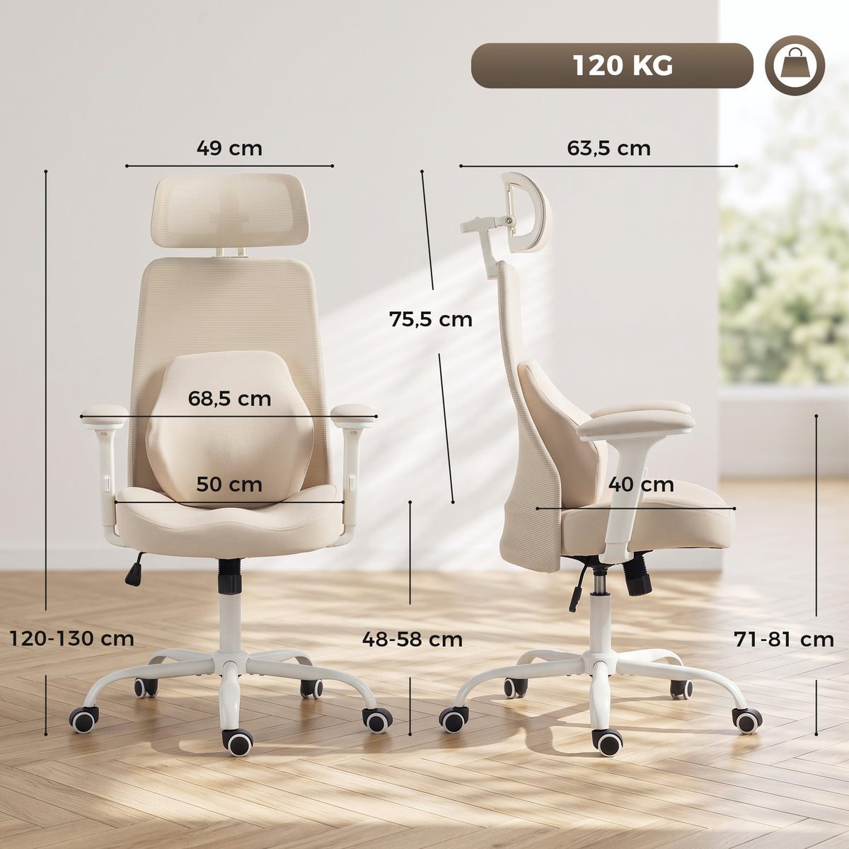 Chaise Bureau Ergonomique, Fauteuil Bureau en Maille, Soutien Lombaire à Mémoire de Forme, Accoudoirs Réglables, Beige-2