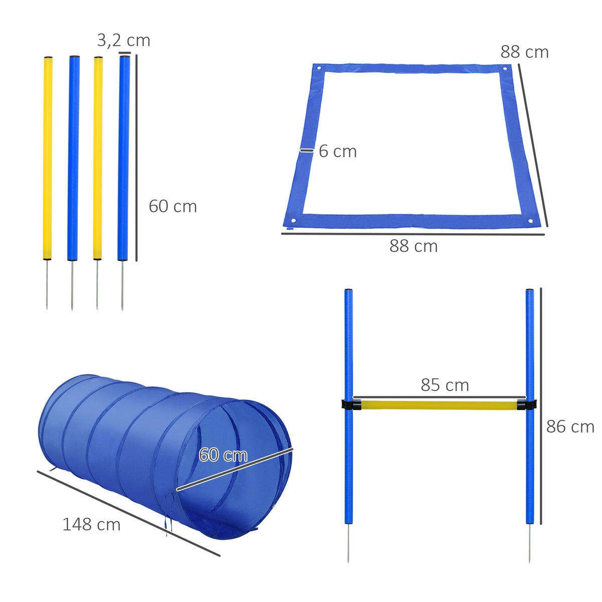 Agility sport pour chiens équipement complet obstacles, tunnel, slalom, zone repos + 2 sacs de transport bleu jaune-2