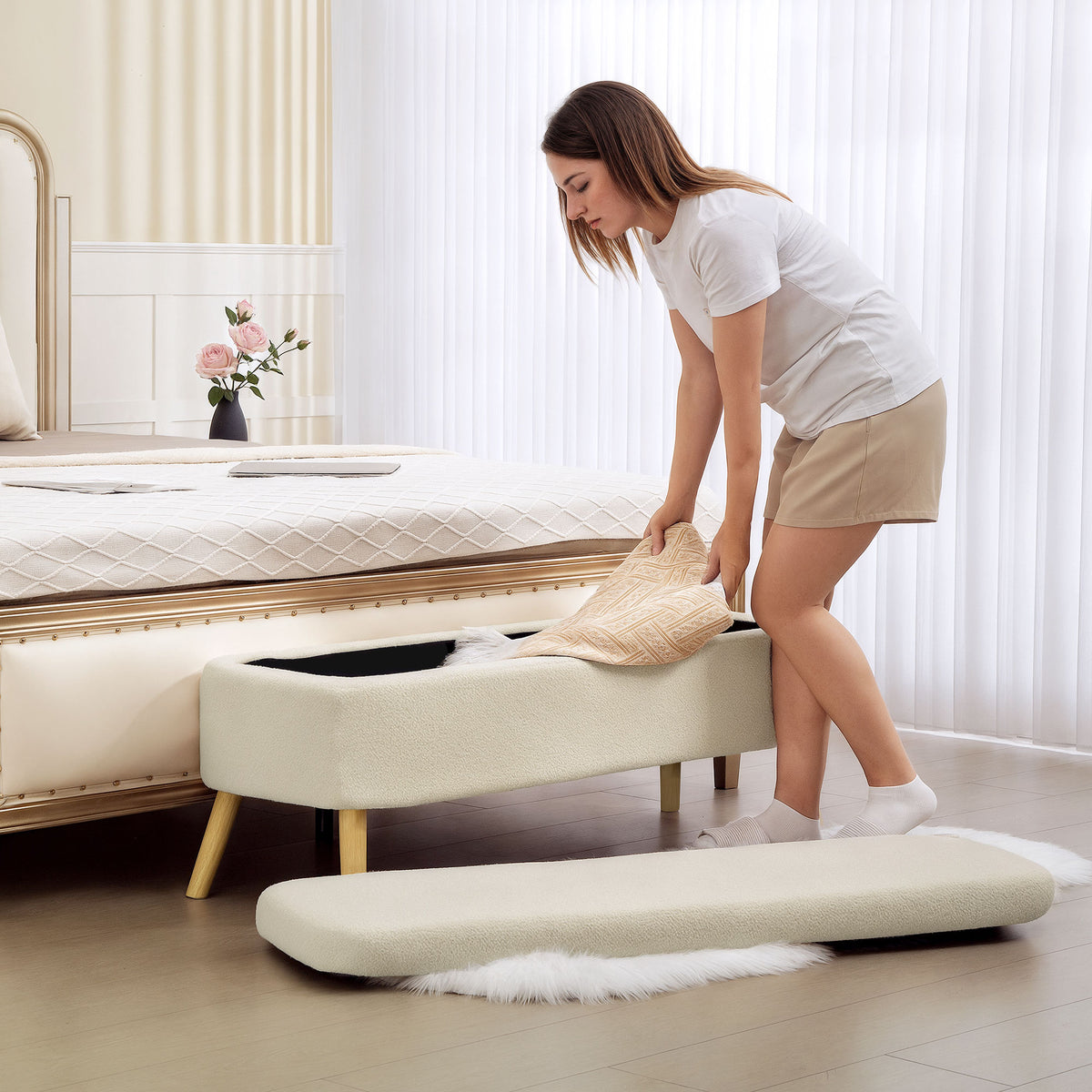 Banc de rangement, bout de lit avec couvercle, pieds en bois, capacité 65 L, jusqu'à 220 kg, 120x42x45cm, beige-6