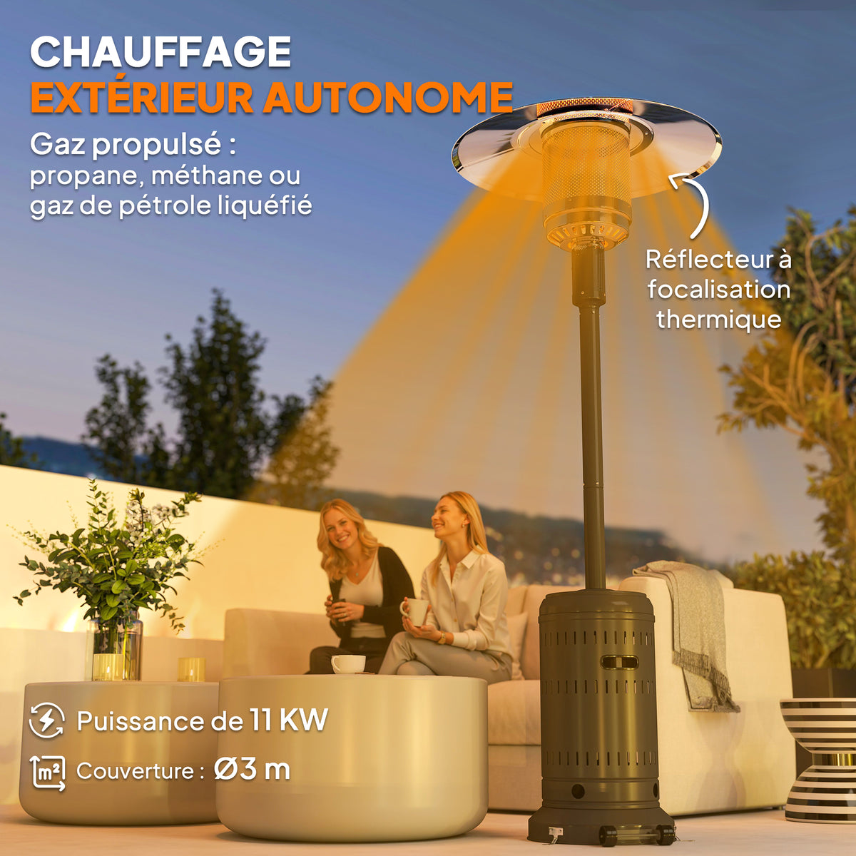 chauffage exterieur terrasse, parasol chauffant gaz portable 11 KW niveaux de chauffe réglable 82x82x223cm noir-3