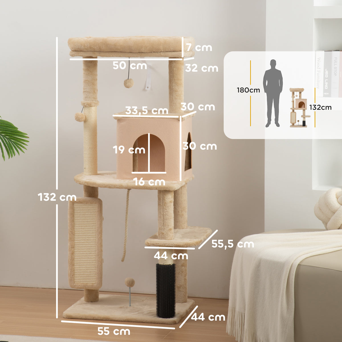 Arbre à chat, tour de jeux, hauteur de 132 cm, avec lit, maison, brosse de toilettage, 55 x 44 x 132 cm, beige-2