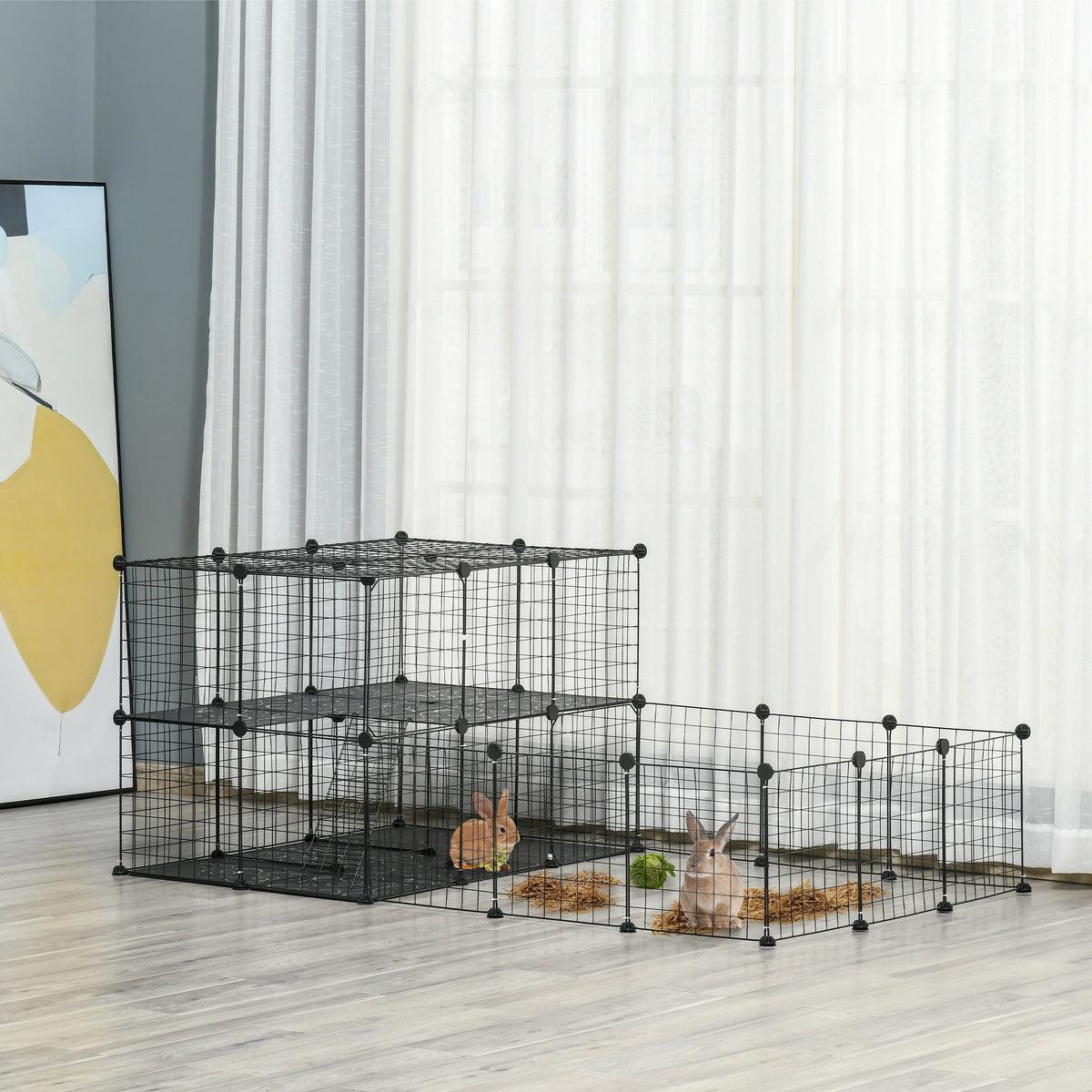 Parc enclos modulable DIY, 2 niveaux, enclos pour petits animaux, hamsters, lapins, cochon d'inde, panneaux grillagés, 45 panneaux, 175 x 105 x 70 cm, noir-1
