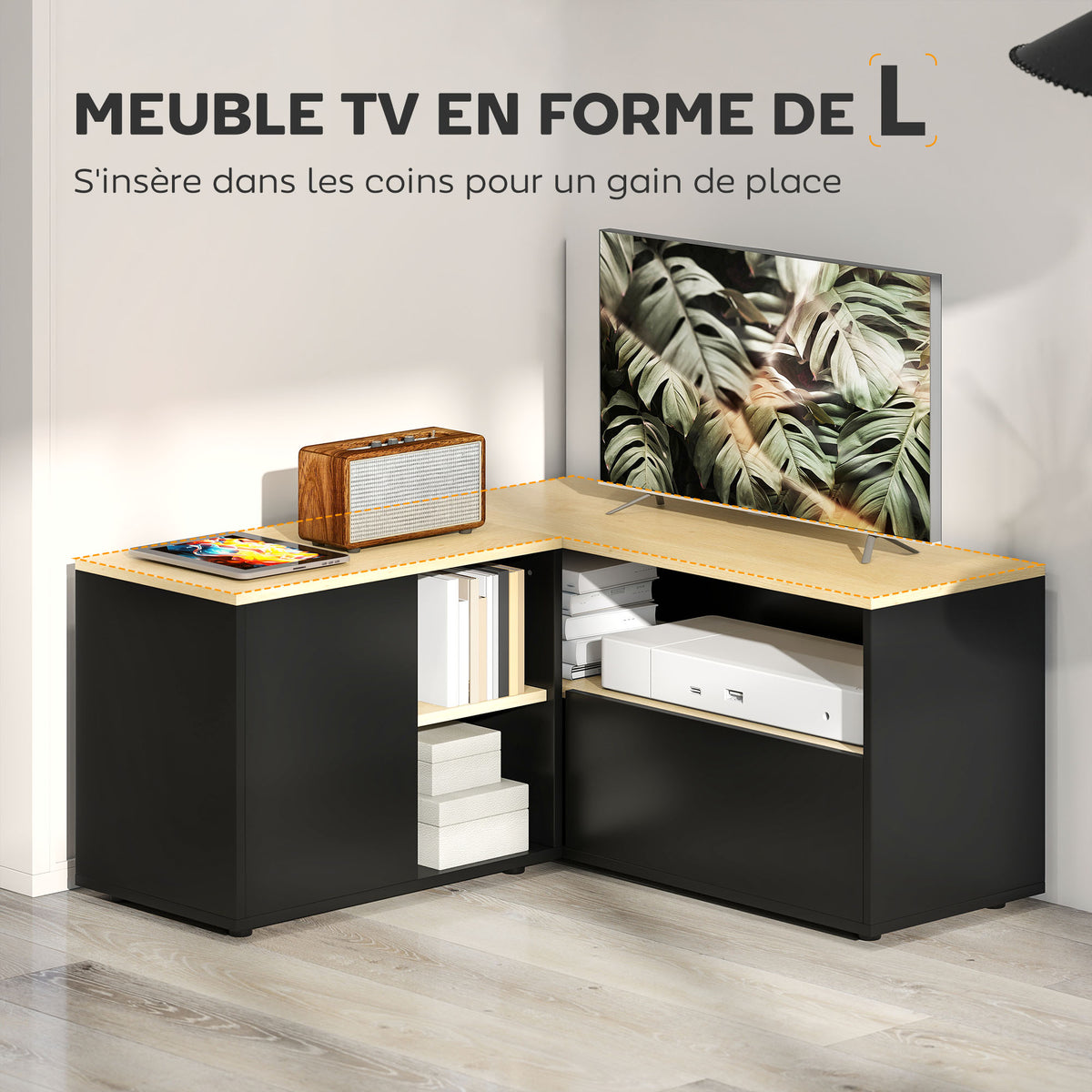Meuble TV d'angle banc télévision jusqu'à 40 pouces avec 2 placards et 3 niches 90 x 90 x 45 cm chêne et noir-3