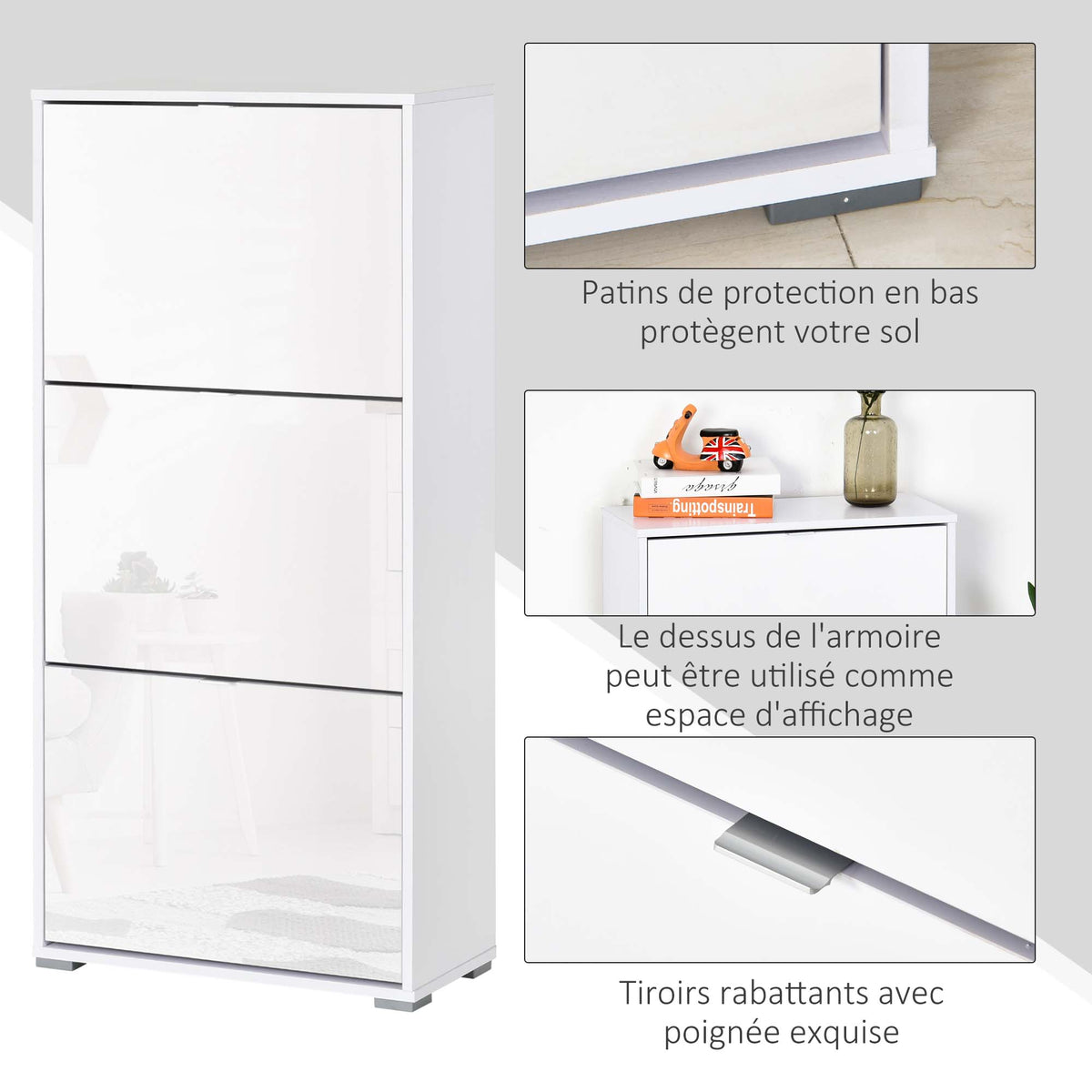 Meuble à Chaussures Armoire à chaussures 3 Portes abattantes 3 Compartiments en bois 60L x 26I x 124H cm Blanc laqué-6