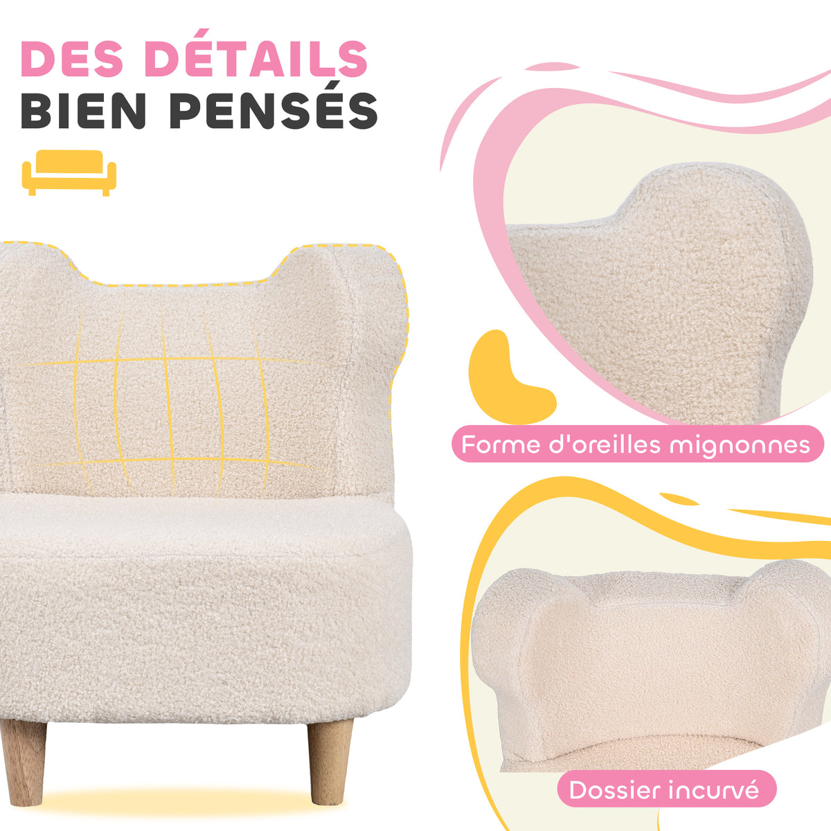 Fauteuil enfants canapé pour enfants avec dossier en forme ours, tissu en polaire teddy, 47 x 43 x 53 cm, beige-4