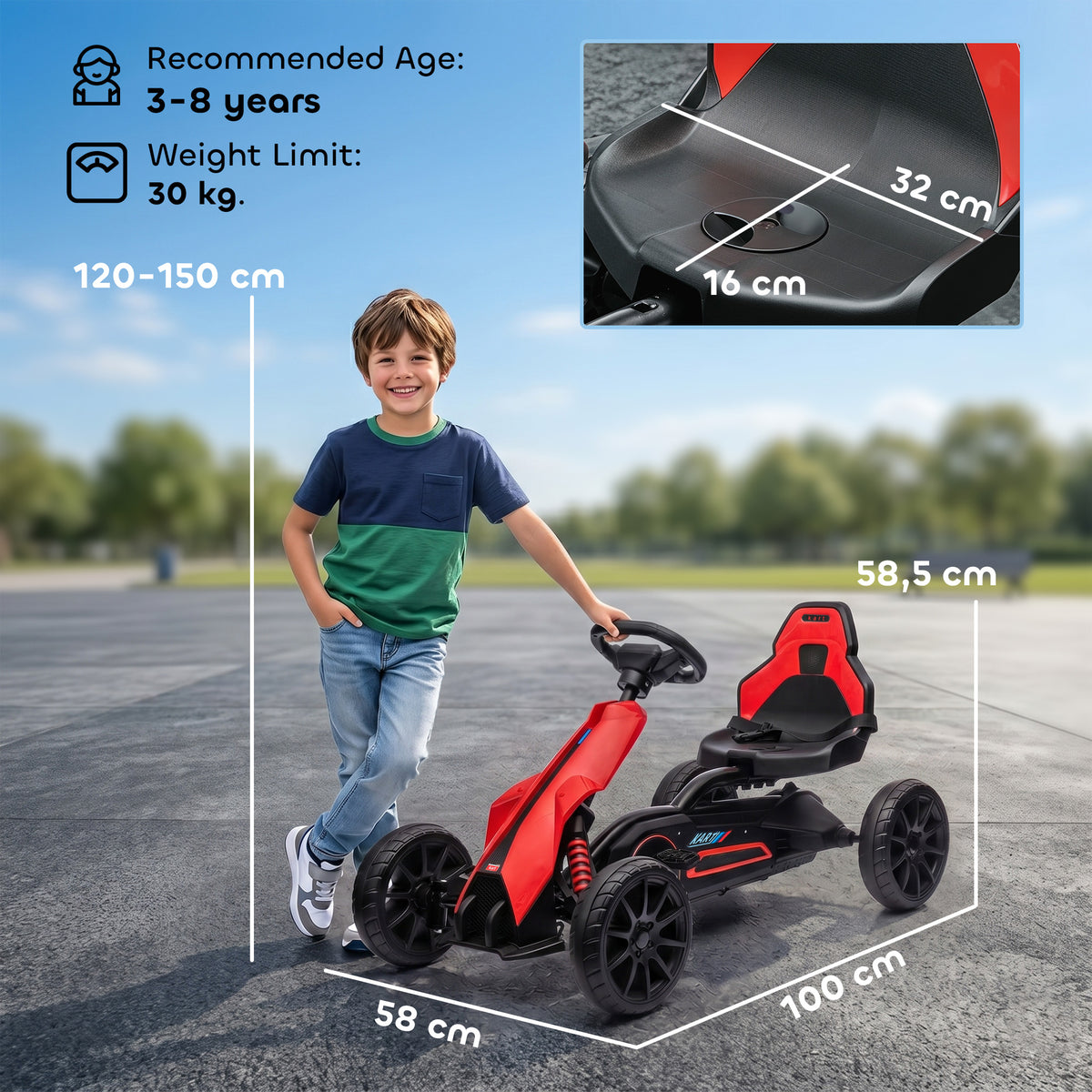 Kart à pédales pour enfants avec siège ajustable 4 positions et roues en EVA 100 x 58 x 58,5 cm rouge et noir-2