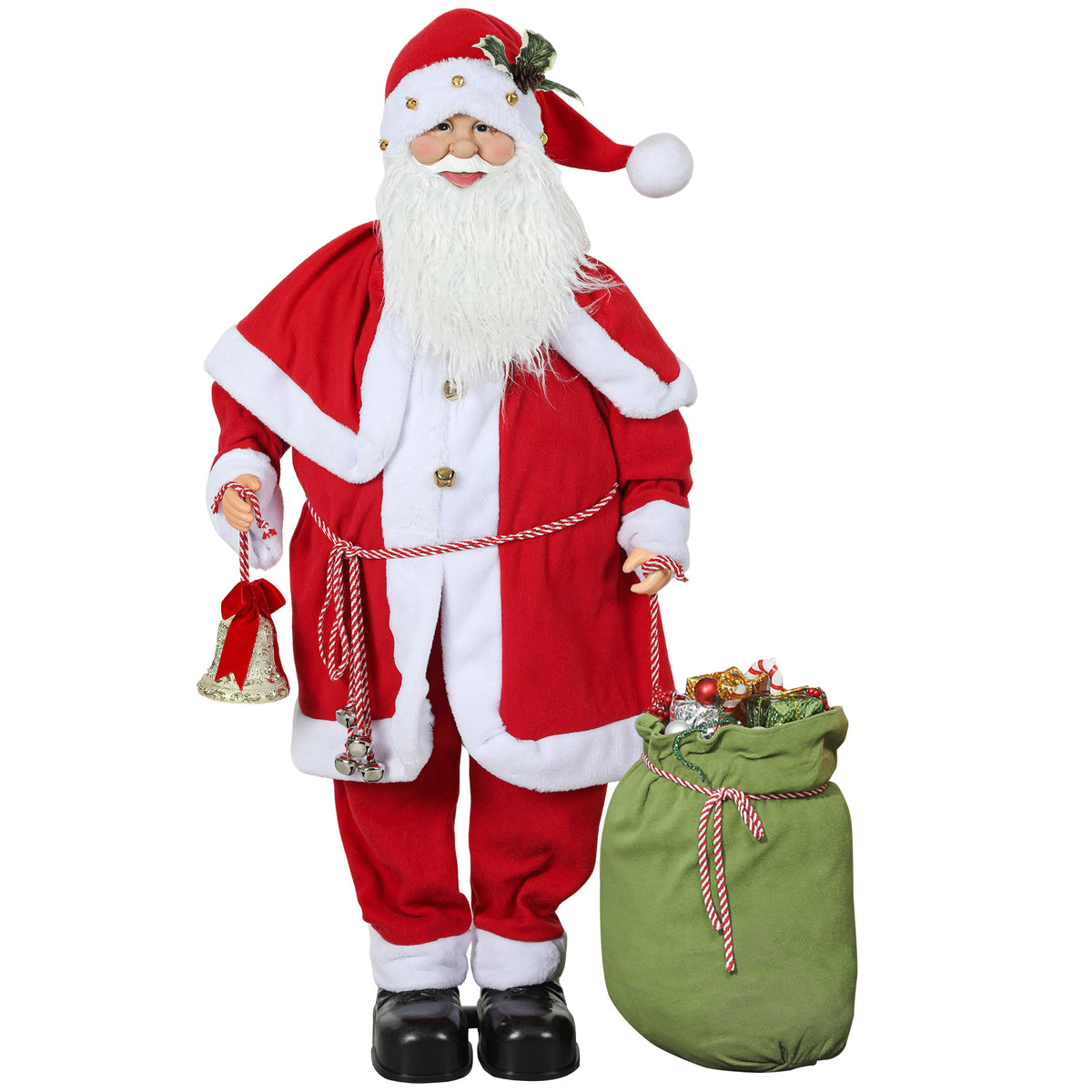 Figurine de Père Noël, Debout de Père Noël Rouge Traditionnelle 140 cm avec Sac de Cadeaux, Effets Sonores et Cloche-0