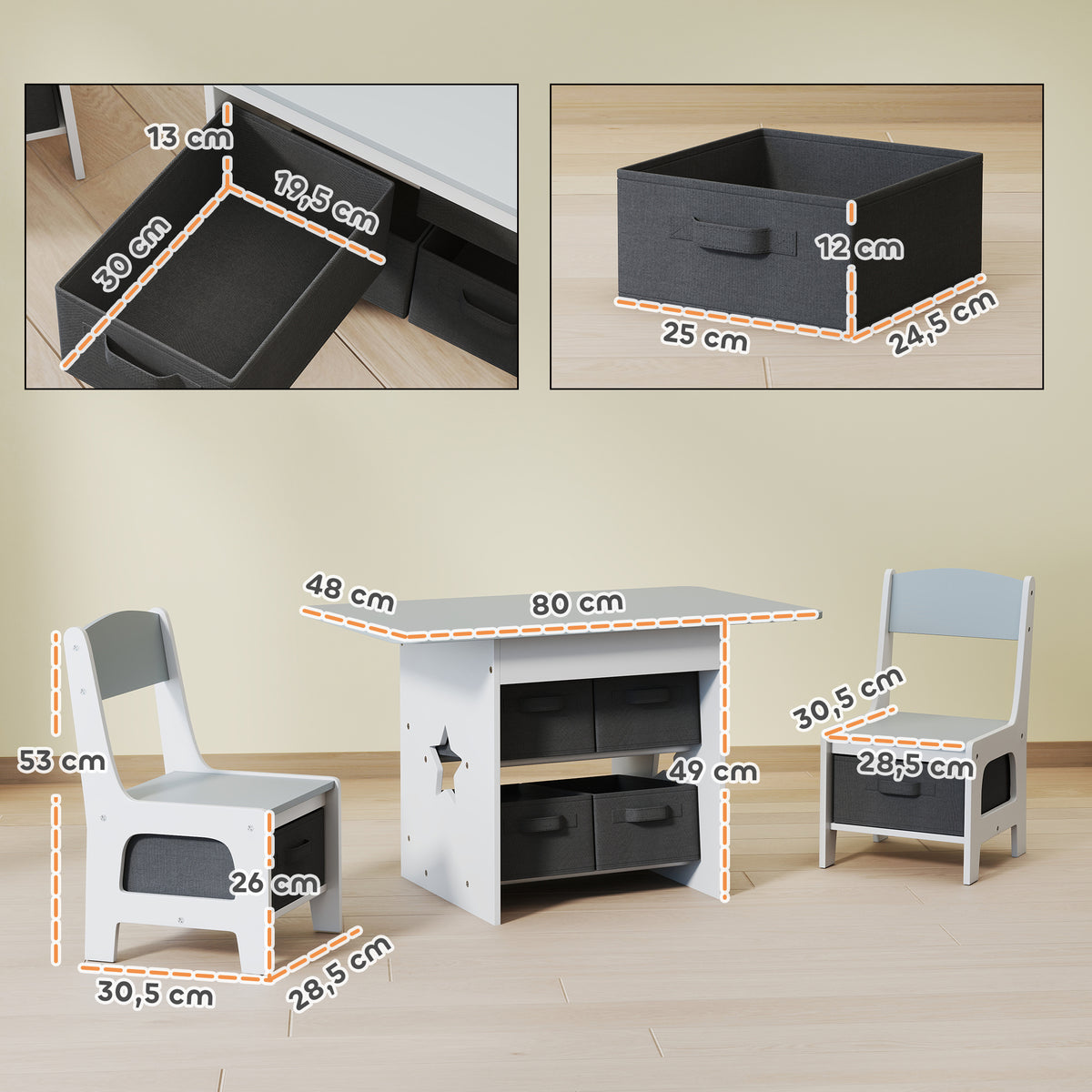 Ensemble table et 2 chaises enfant avec 6 tiroirs amovibles, pour fille garçon 3-8 ans, gris-2