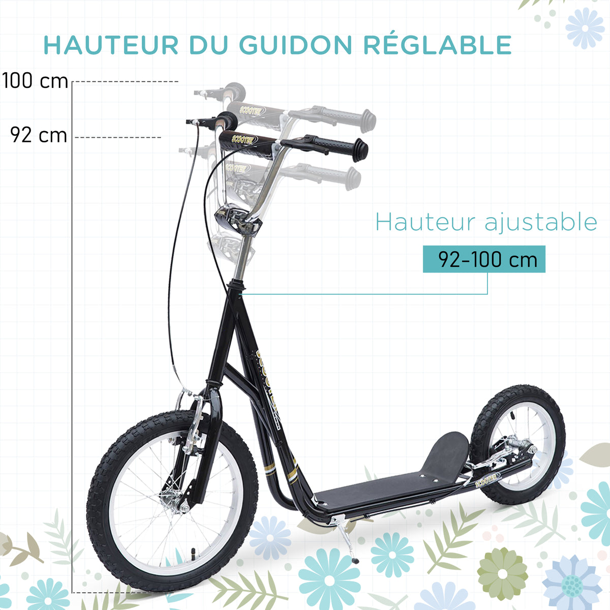 Trottinette patinette Vélo Enfant à partir de 5 Ans Tout Terrain Grands pneus gonflables Guidon réglable poignées Freins et béquille pour Adultes et Enfants Acier Noir-3