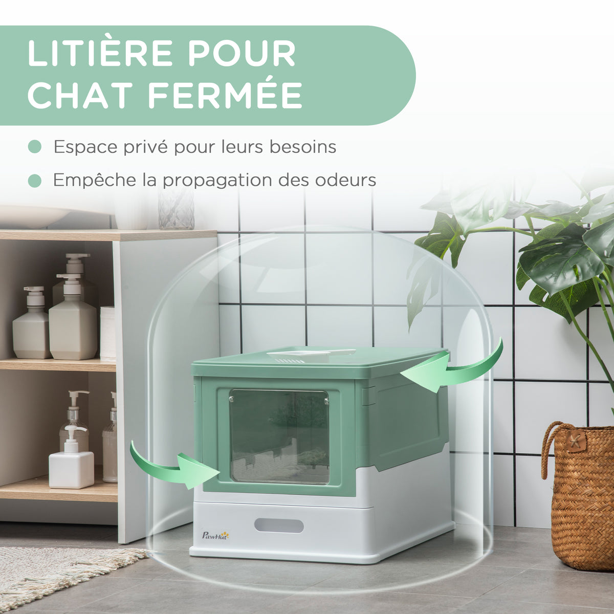 Maison de toilette pour chat pliable double porte battante et supérieure pelle fourni 47,5 x 35,5 x 36,7 cm vert-5