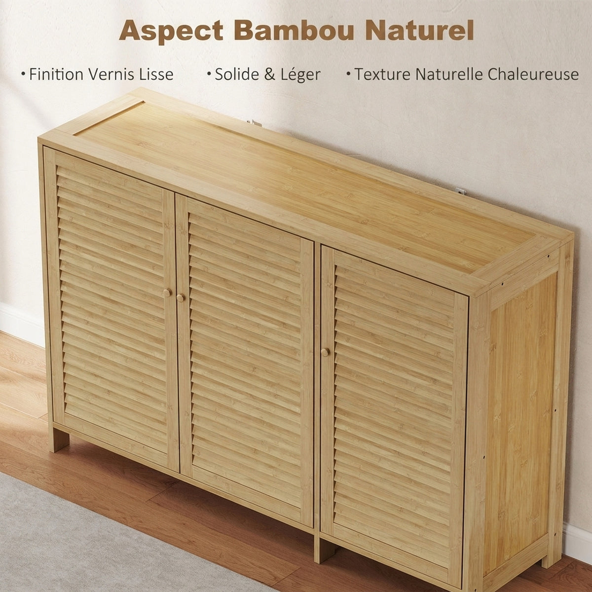 Meuble à chaussures en bambou 18 paires, armoire à chaussures avec portes persiennes et étagères réglables, bois naturel-4