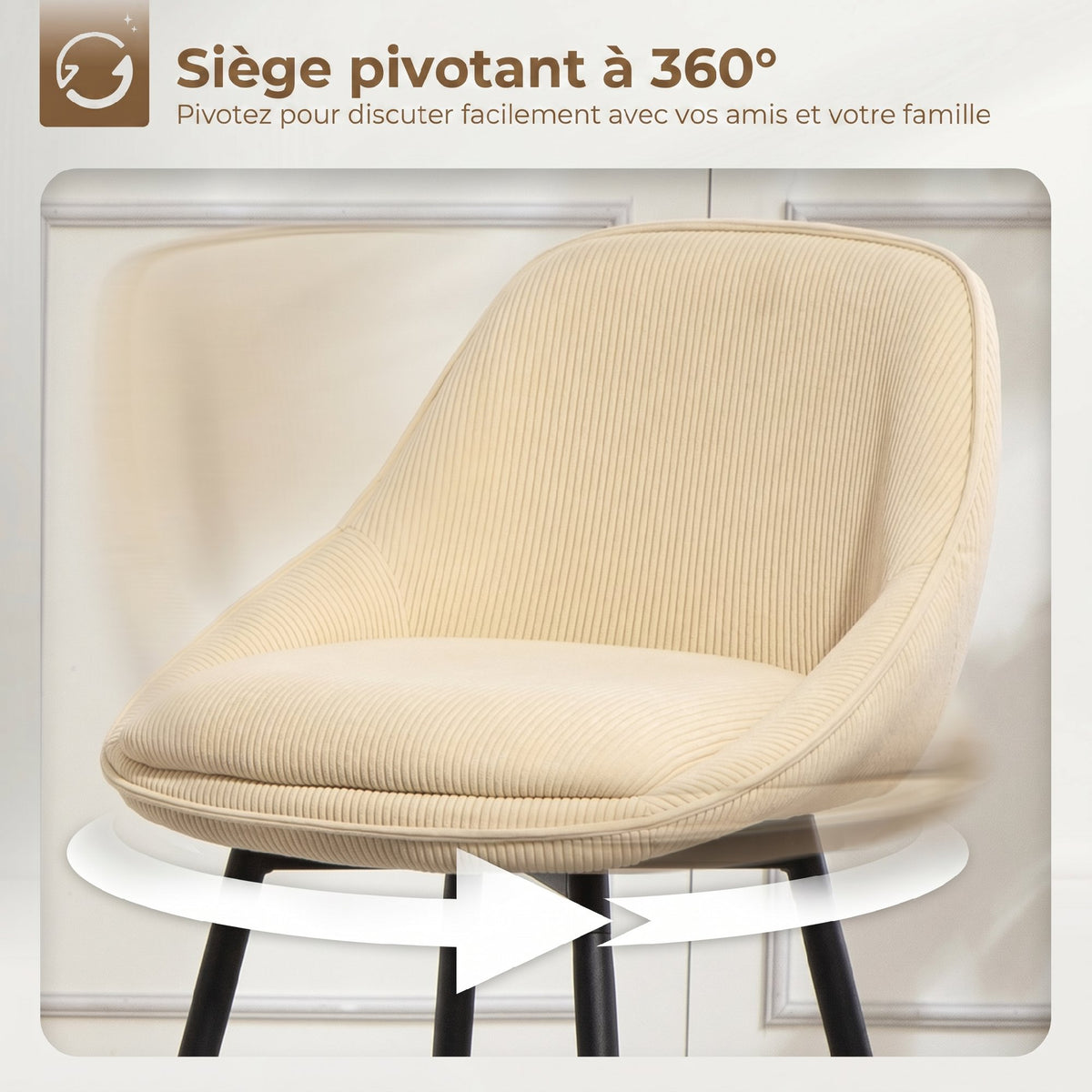 Lot de 2 tabourets de bar en tissu velours côtelé, chaises de bar avec dossier courbé, repose-pieds, 49x52x88cm, beige-3