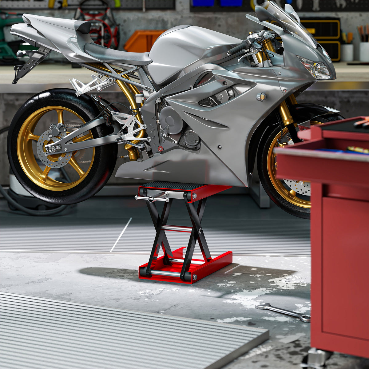 Cric de Moto à Ciseaux 500 kg, Hauteur de Levage 10-37 cm - Lève-Moto en Acier avec Plateforme Antidérapante - Béquille d'Atelier Tout-Terrain pour Entretien Atelier, Rouge-8
