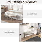 Banc bout de lit en forme demi-lune style Louis XVI structure en bois massif sculpté siège en tissu aspect lin crème-5