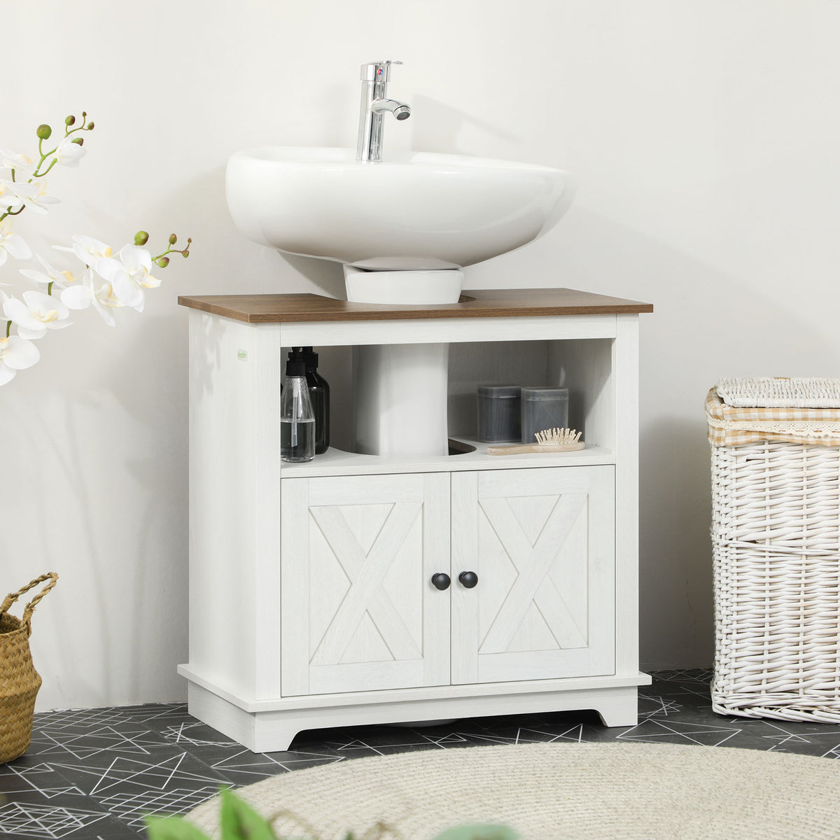 Meuble sous lavabo salle de bain meuble sous vasque - niche et placard à portes doubles, 60 x 30 x 60 cm, blanc-1