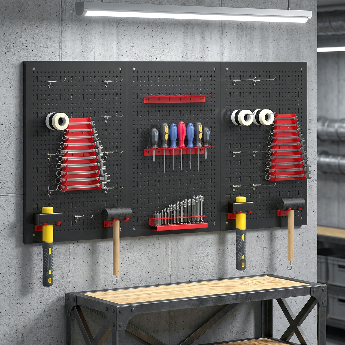 panneau perforé mural 600 x 400 mm, organiseur garage en acier avec 3 panneaux perforés, noir et rouge-1