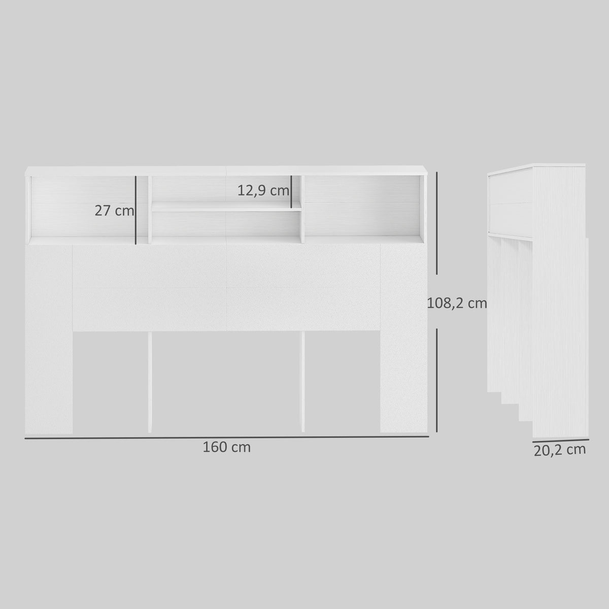Tête de lit sur pied avec rangements, accessoire de lit 4 compartiments ouverts, 160 x 20,2 x 108,2 cm, blanc-2