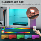 Meuble TV avec éclairage LED pour télévision jusqu'à 70 pouces, 160cm avec étagères en verre réglables, blanc-3