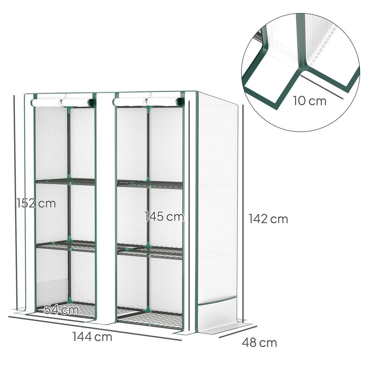 Serre de jardin avec étagères métalliques à 3 niveaux serre de balcon couverture PE toit incliné 144 x 48 x 152 cm blanc-2